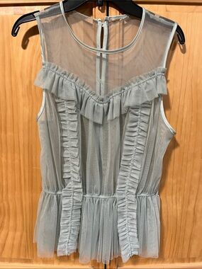 Anthropologie Sheer Ruffle Peplum Blouse in Pale green.  Matches green jacket.